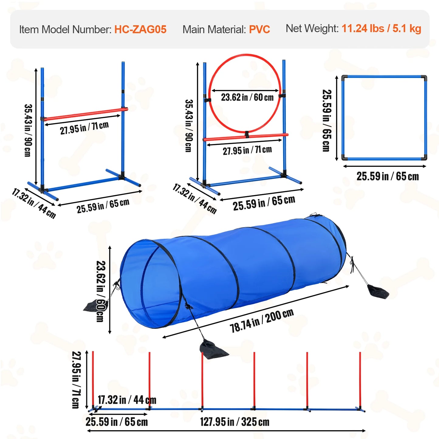 Dog Agility Training Equipment 5-Piece Set With Adjustable Hurdles Tunnel