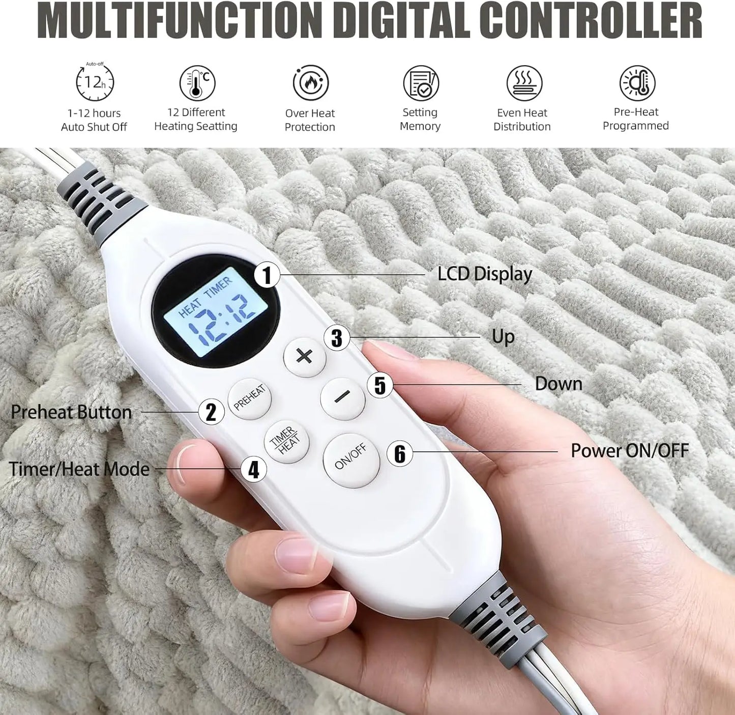 Electric Heated Blanket With Dual Controllers, 12 Heat Levels, ETL Certified