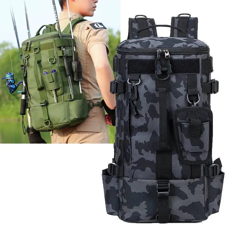 Scione Tactical Fishing Backpack With Rod Holders And Storage