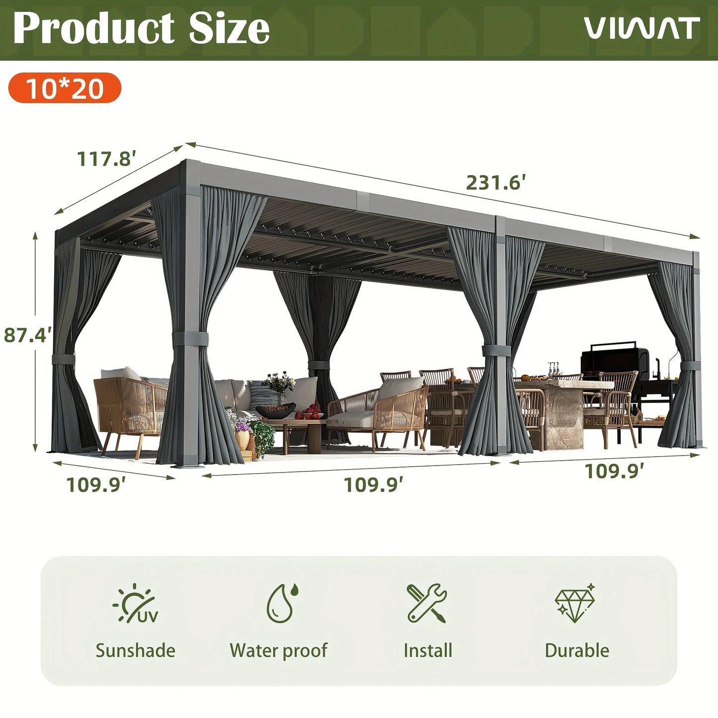 VIWAT Louvered Pergola Aluminum Frame Gazebo With Waterproof Roof