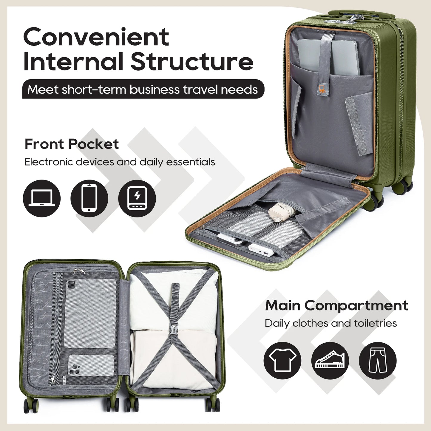 JoywayCN 3 Piece Luggage Set Front Opening Travel Suitcases Cup Holder TSA Lock