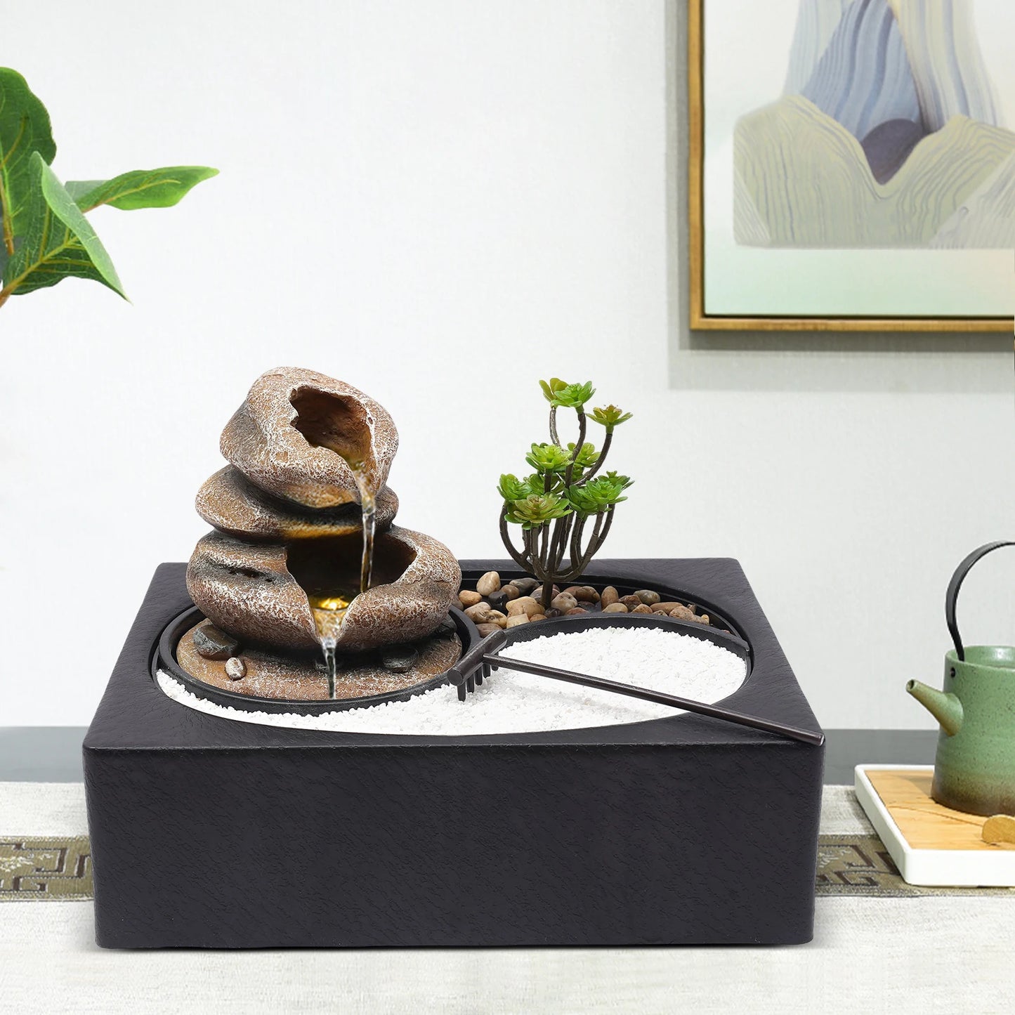 Bymaocar Tabletop Rock Water Fountain With LED Light Desk Decor