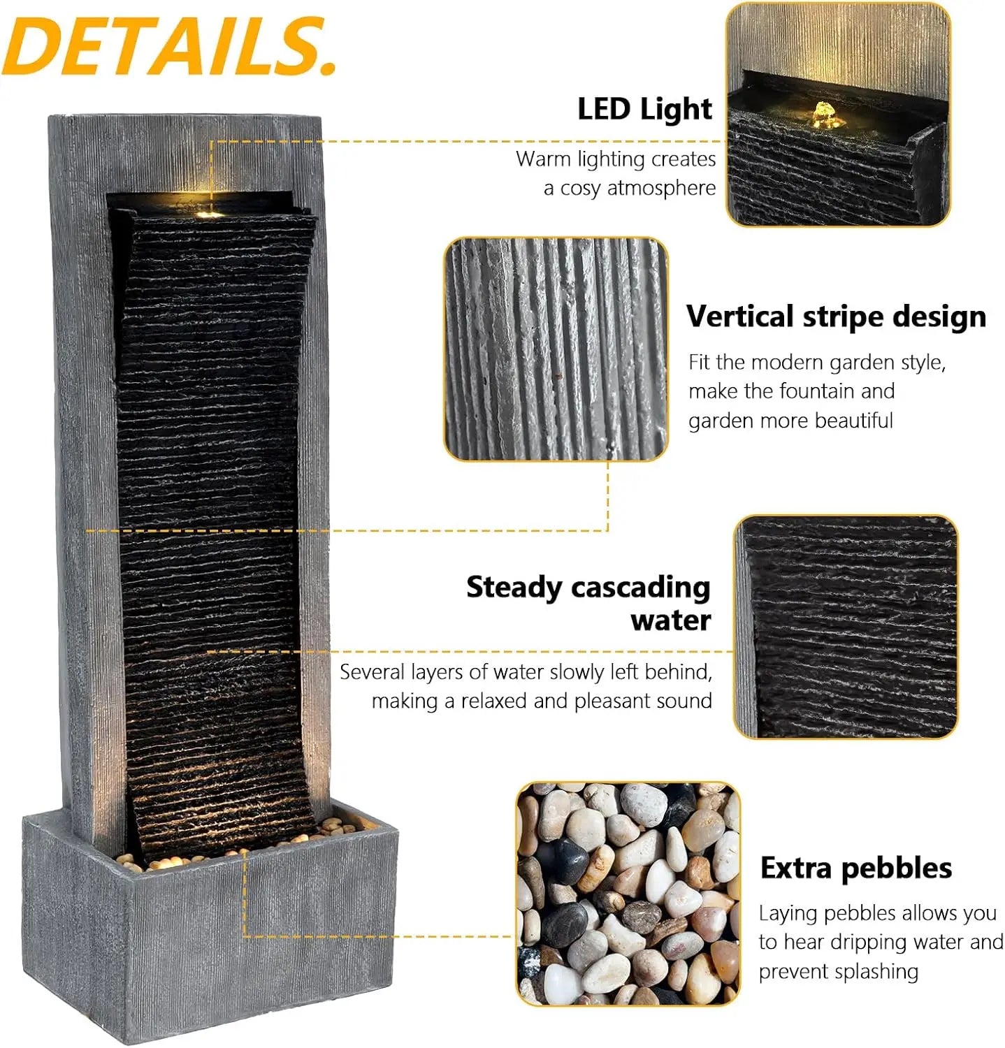 Titimom 7-Tier Cascading Rock Water Fountain With Lights For Garden