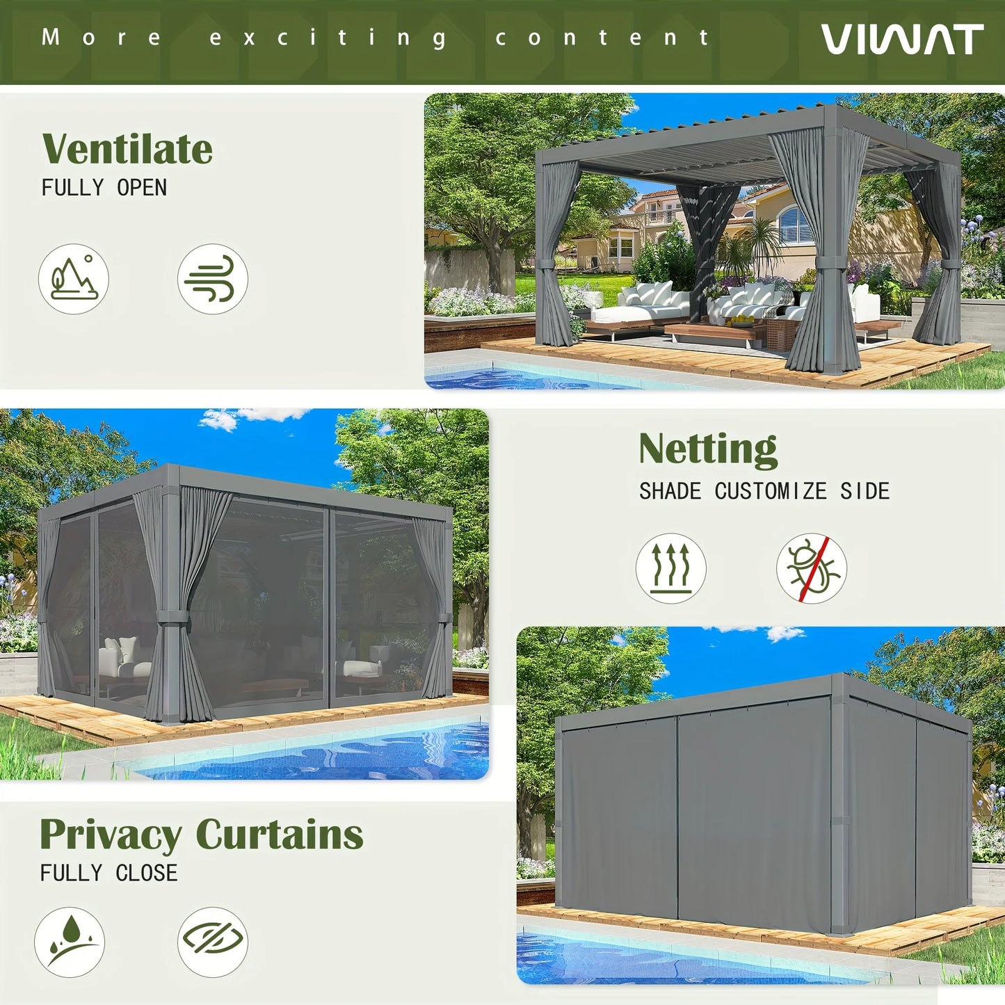 VIWAT Louvered Pergola Aluminum Frame Gazebo With Waterproof Roof