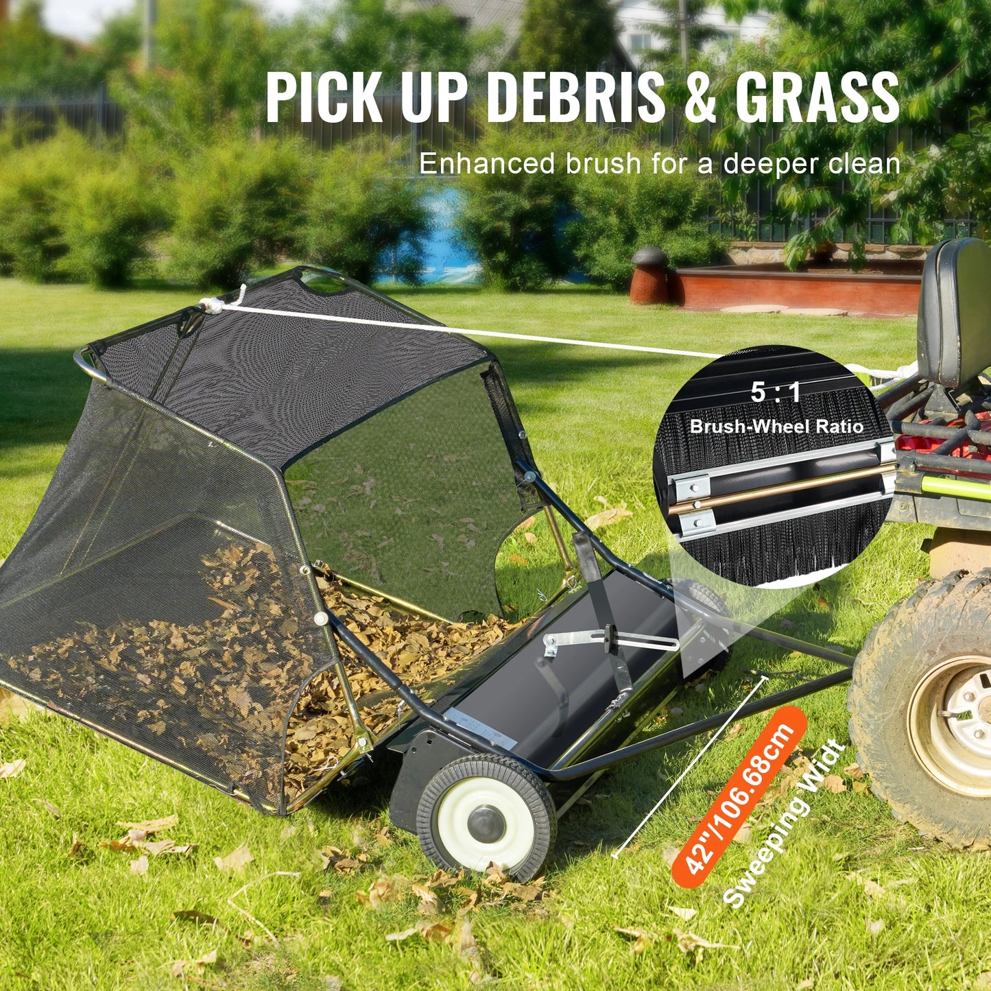 SucceBuy Lawn Sweeper Tow Behind 12 Cu Ft Capacity