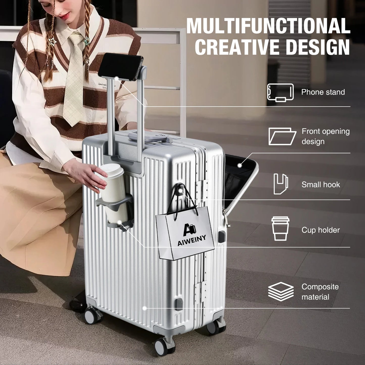 AIWEINY Lightweight Aluminum Frame Suitcase With 360 Wheels TSA Lock