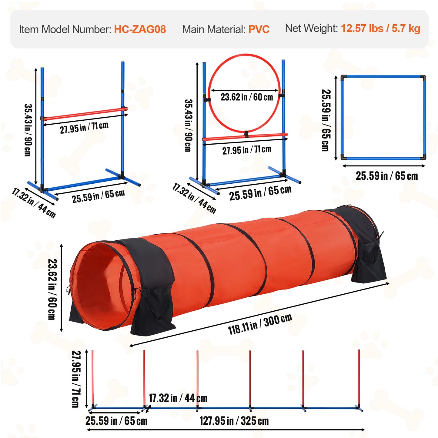 Dog Agility Training Equipment 5-Piece Set With Adjustable Hurdles Tunnel