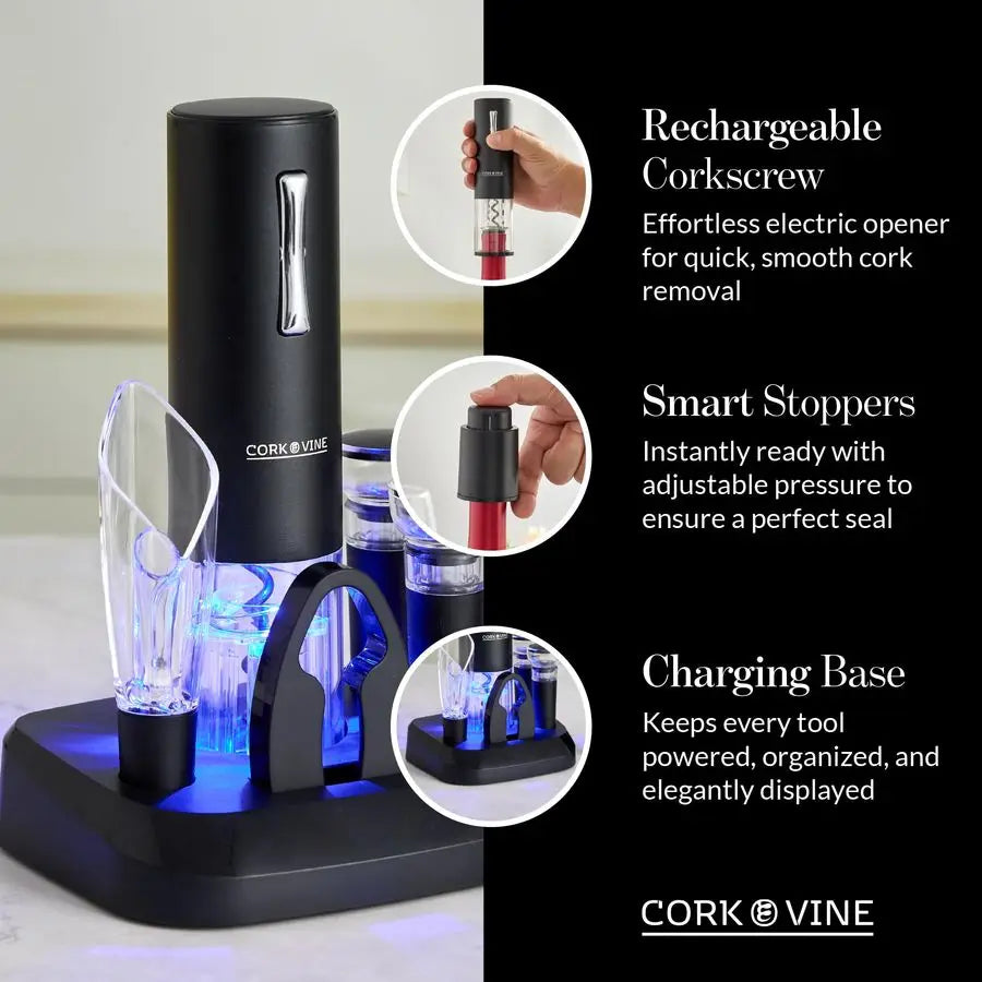 XMSJ 7Piece Electric Wine Opener Set With Aerator Stopper Foil Cutter Corkscrew
