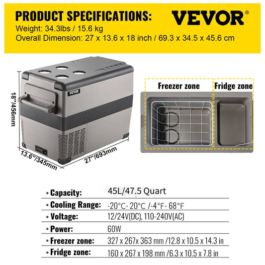 VEVOR Car Refrigerator Portable Compressor Cooler Mini Fridge