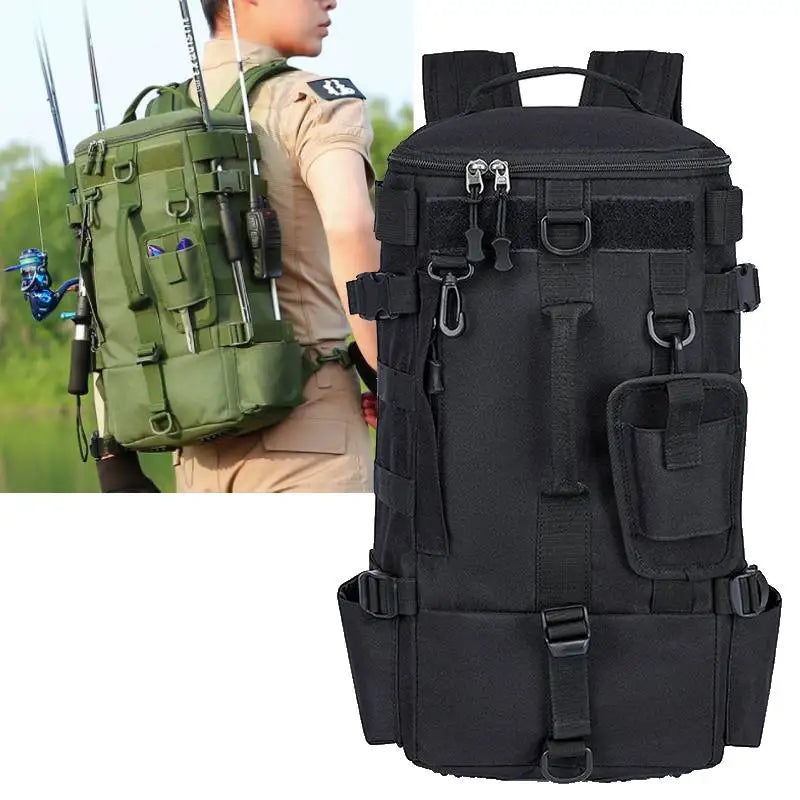 Scione Tactical Fishing Backpack With Rod Holders And Storage