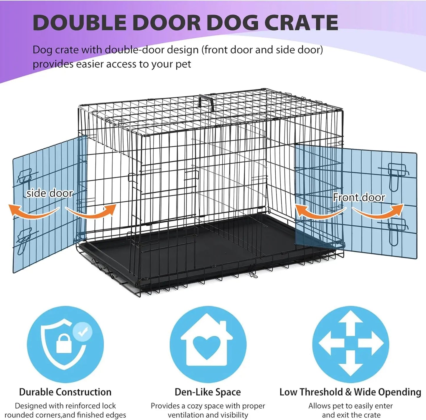 BestPet Dog Crate Foldable Metal Kennel With Double Doors And Leakproof Tray