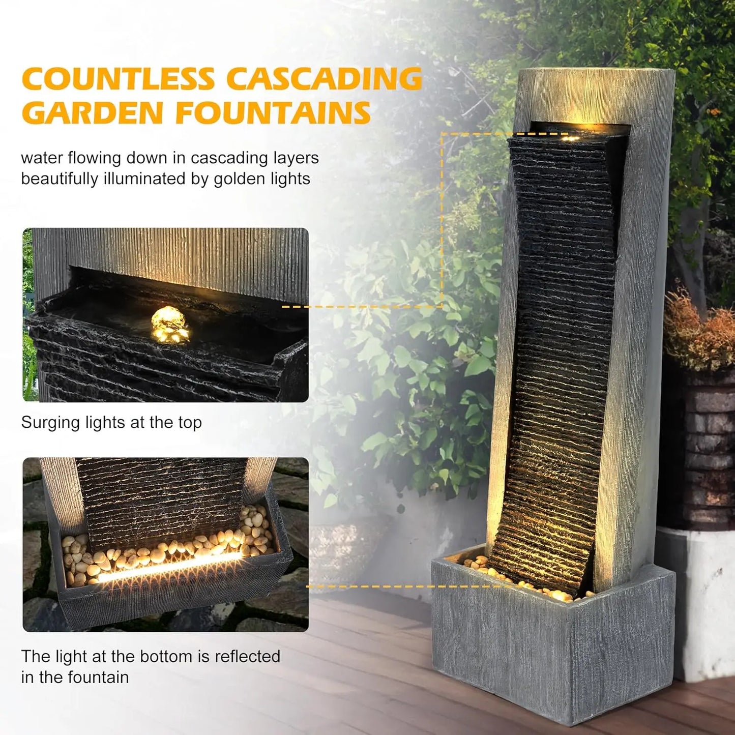 Titimom 7-Tier Cascading Rock Water Fountain With Lights For Garden