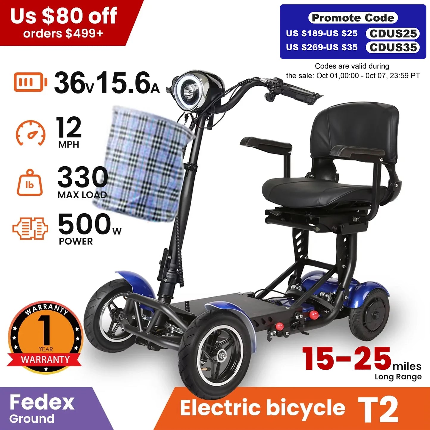 LELEKUAIC Folding 4 Wheel Mobility Scooter With 500W Dual Motor