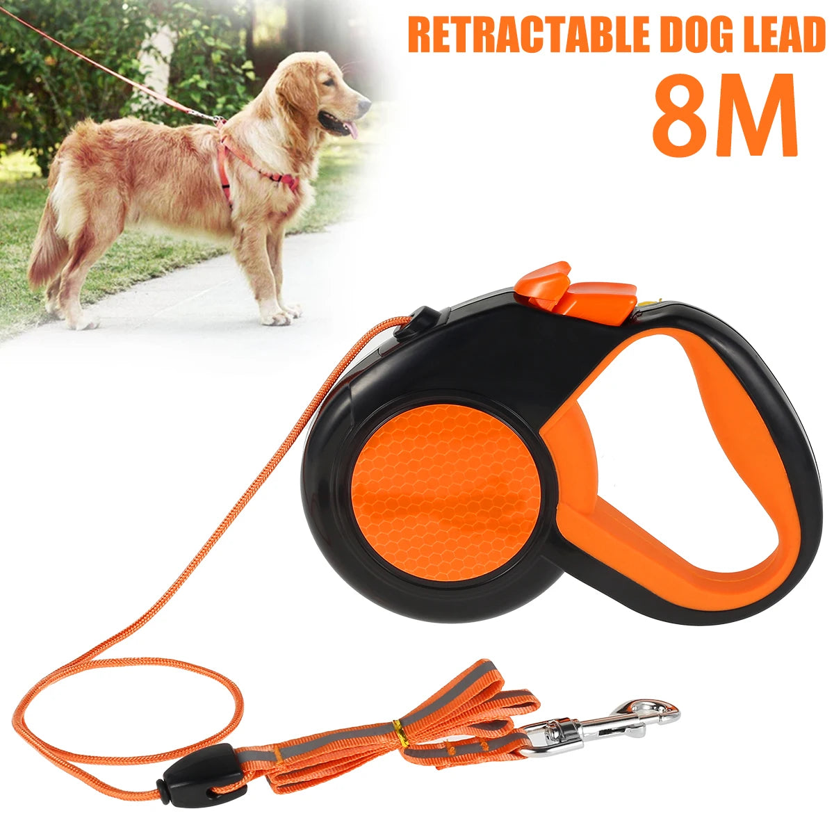 8M Retractable Dog Leash Heavy Duty With Reflective Tape And Non Slip Handle
