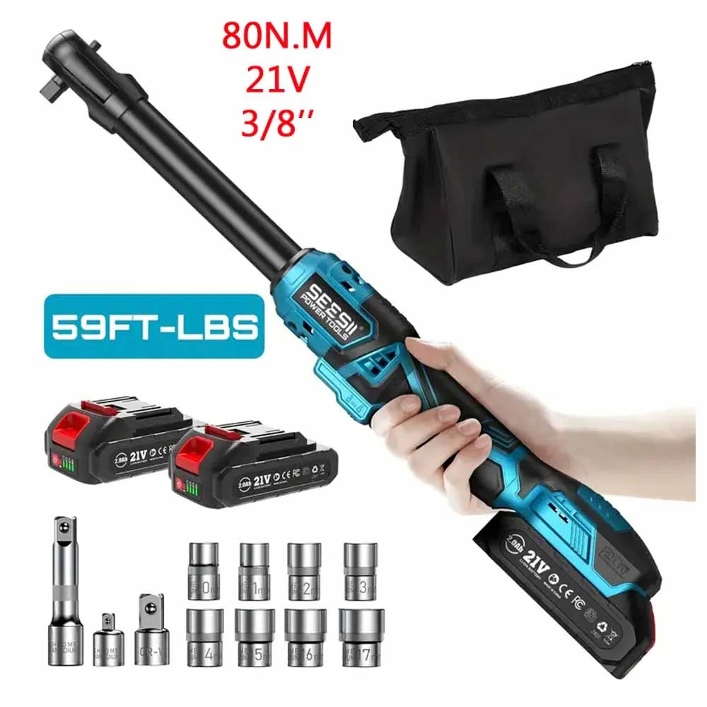 Seesii 21V Cordless Electric Wrench 80Nm Extended Ratchet