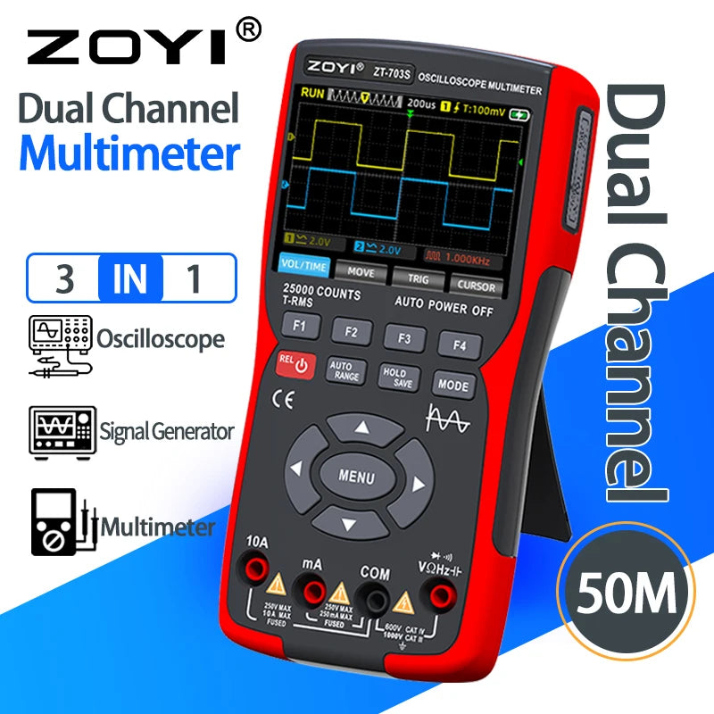 ZOYIDIY ZOYIZT-703S 3-In-1 Handheld Dual Channel Oscilloscope Multimeter 50MHz