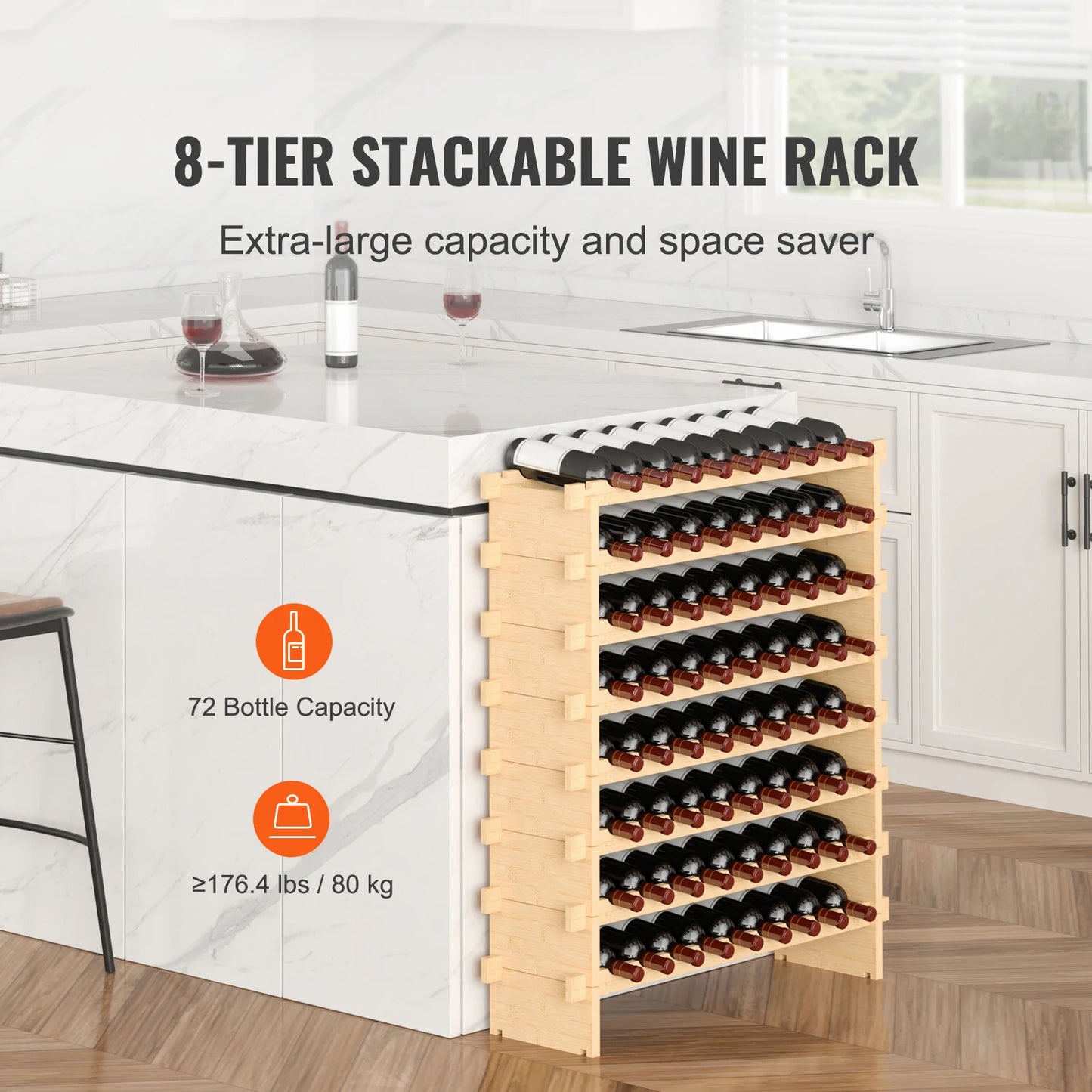 SucceBuy Bamboo Eight Tier Stackable Wine Rack Free Standing