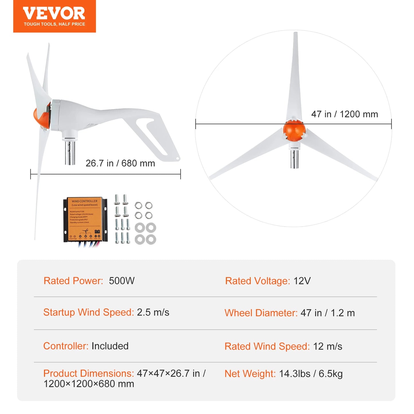 SucceBuy 12V Wind Turbine Generator With MPPT Controller 500W 800W