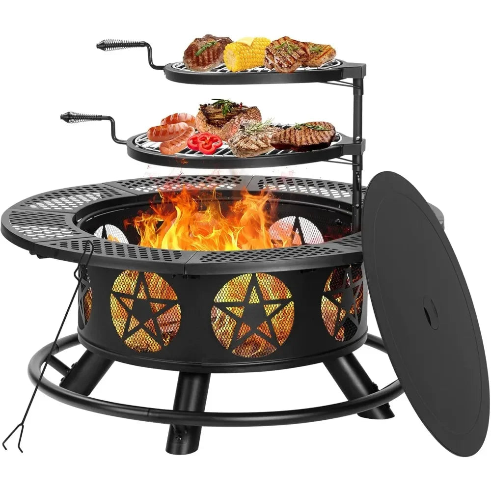 Fire Pit With Grills Lid And Poker For Outdoor Use