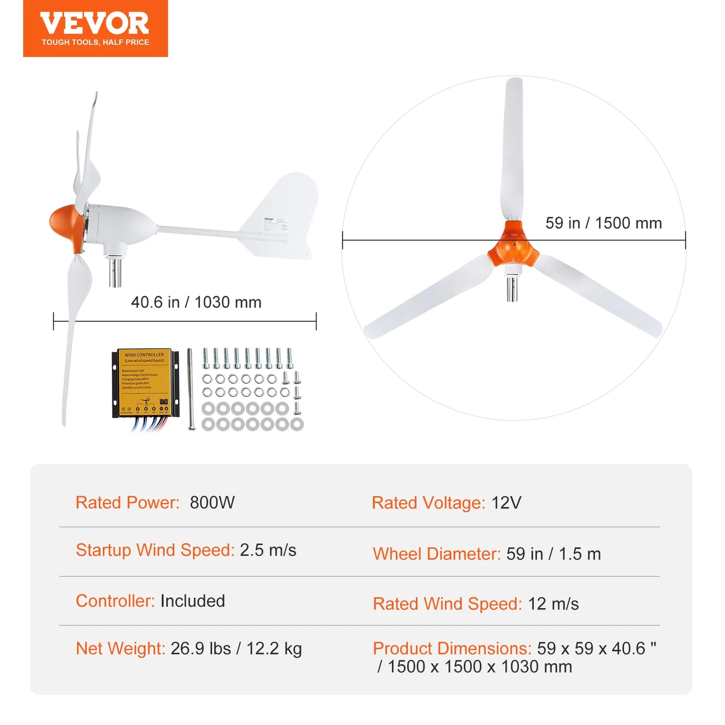 SucceBuy 12V Wind Turbine Generator With MPPT Controller 500W 800W