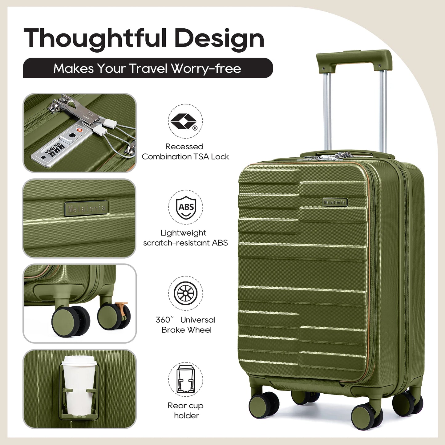 JoywayCN 3 Piece Luggage Set Front Opening Travel Suitcases Cup Holder TSA Lock