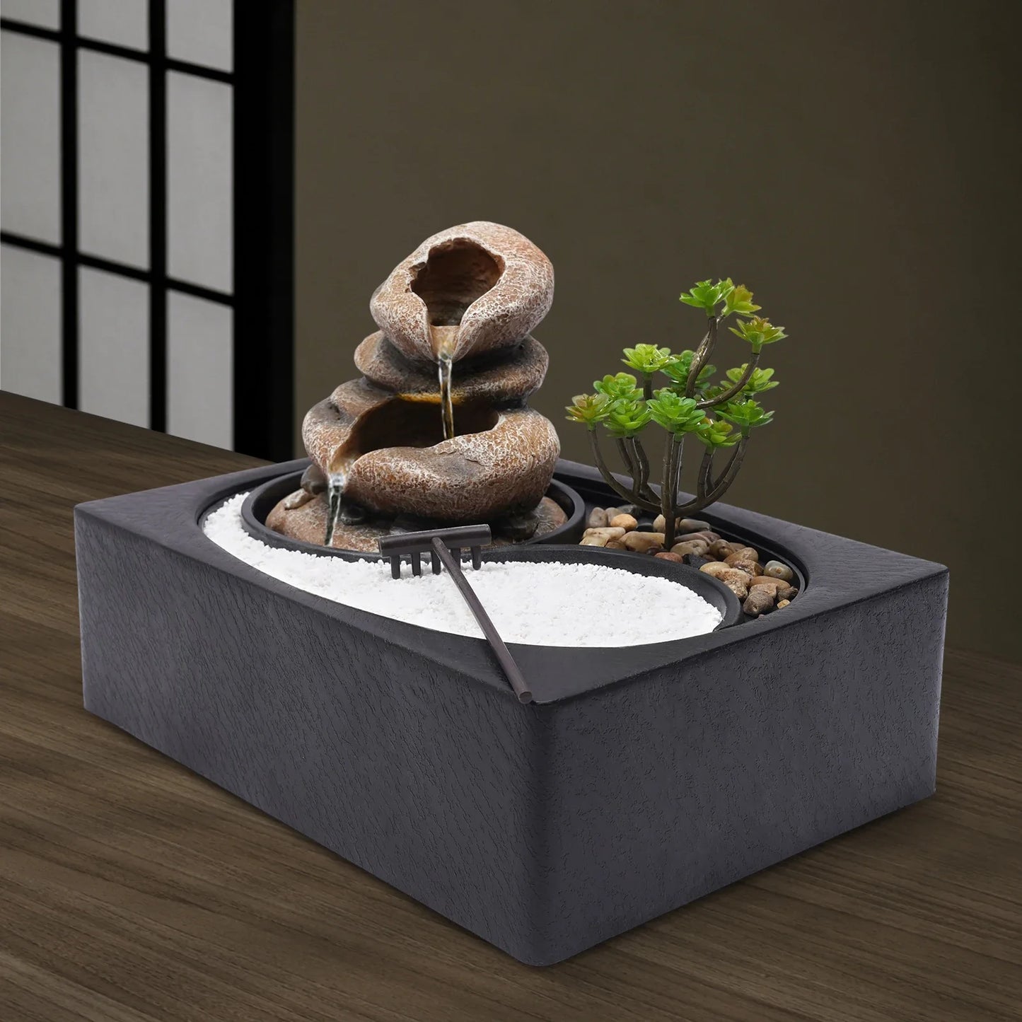Bymaocar Tabletop Rock Water Fountain With LED Light Desk Decor