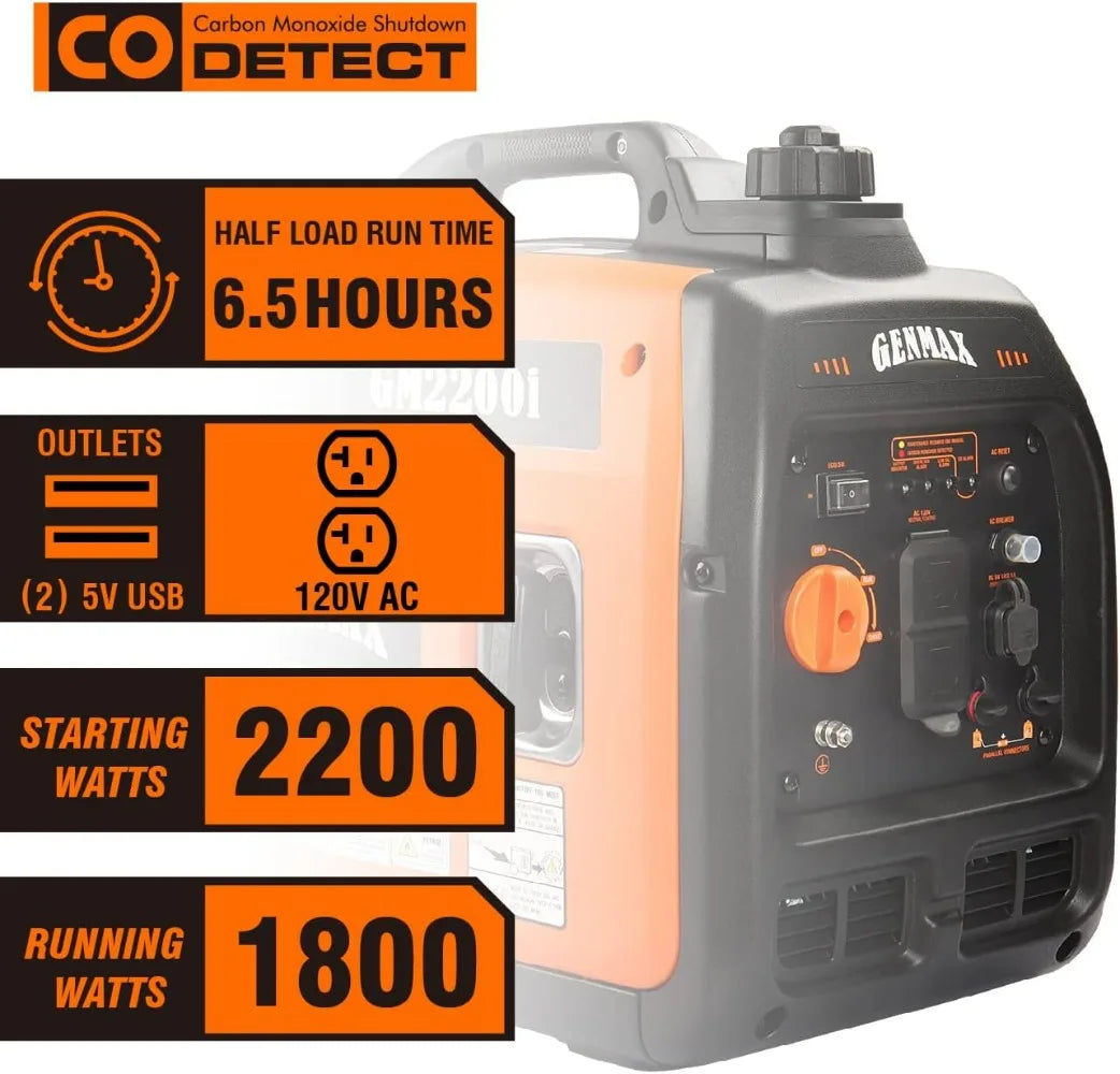 Portable Inverter Generator 2200W Ultra Quiet Eco Mode CO Shutdown