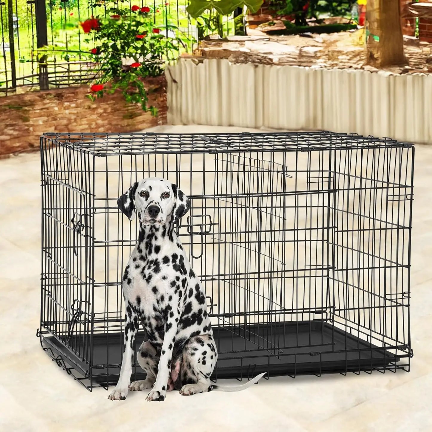 BestPet Dog Crate Foldable Metal Kennel With Double Doors And Leakproof Tray