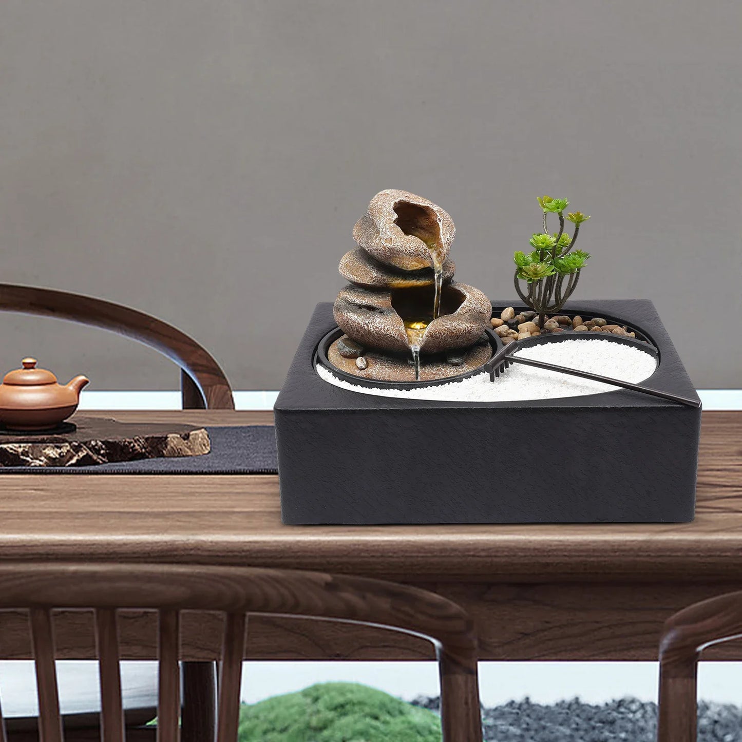 Bymaocar Tabletop Rock Water Fountain With LED Light Desk Decor
