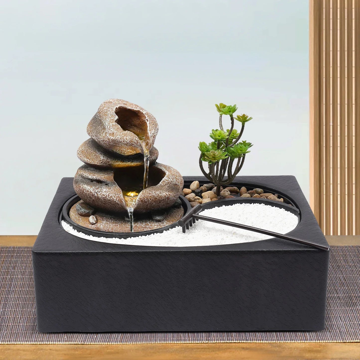 Bymaocar Tabletop Rock Water Fountain With LED Light Desk Decor