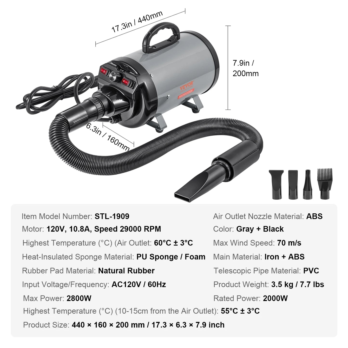 SucceBuy 2000W Dog Blow Dryer With Adjustable Speed And Nozzles