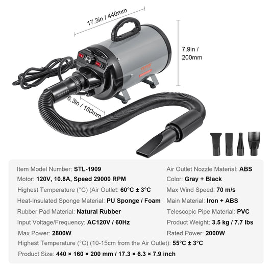 SucceBuy 2000W Dog Blow Dryer With Adjustable Speed And Nozzles