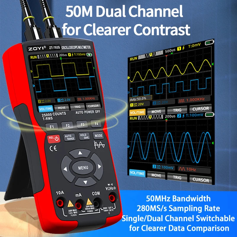 ZOYIDIY ZOYIZT-703S 3-In-1 Handheld Dual Channel Oscilloscope Multimeter 50MHz
