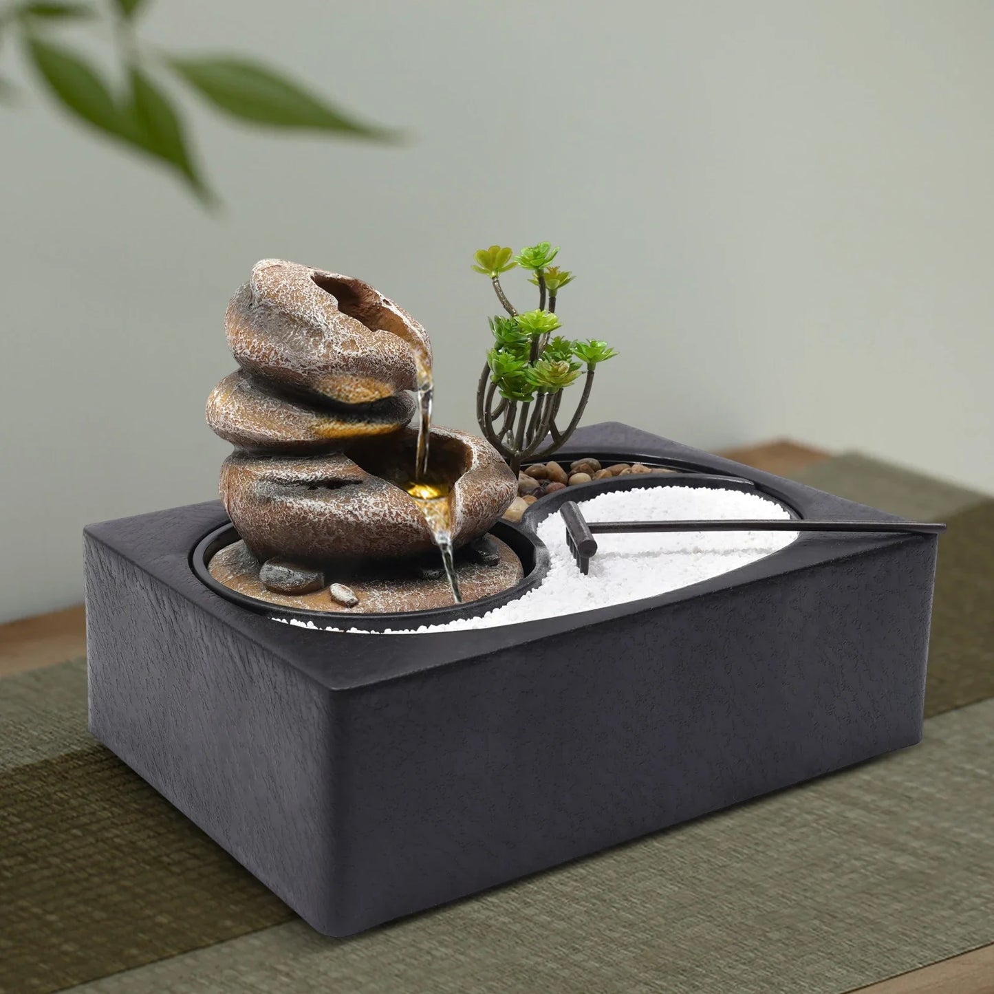 Bymaocar Tabletop Rock Water Fountain With LED Light Desk Decor