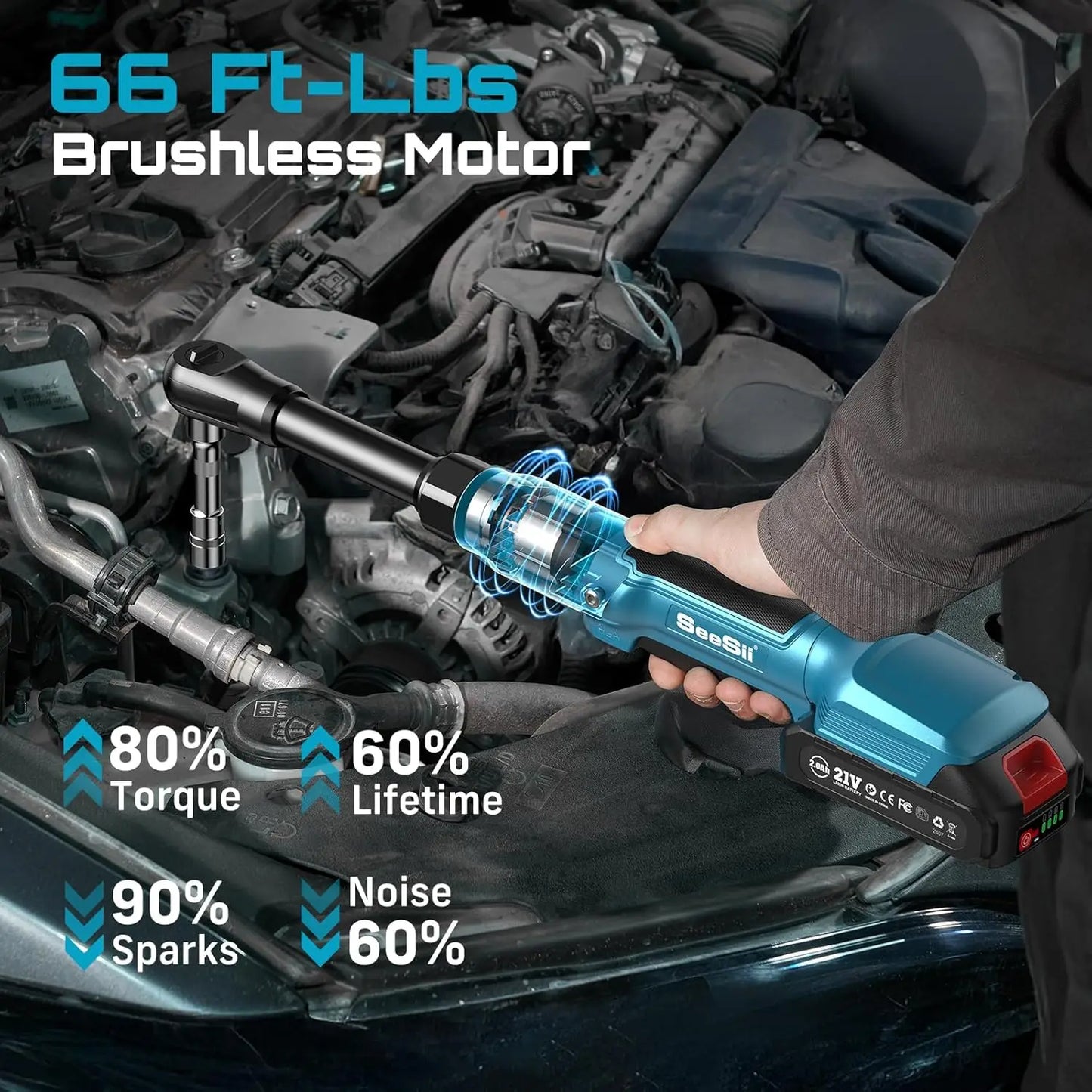 Seesii 21V Cordless Extended Electric Ratchet Wrench 80Nm