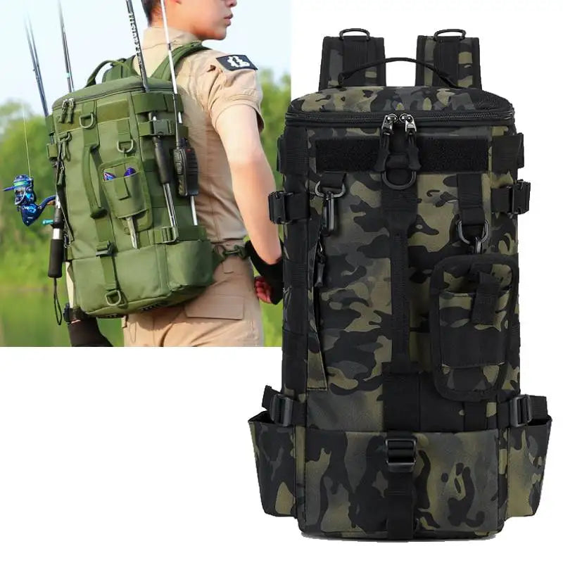 Scione Tactical Fishing Backpack With Rod Holders And Storage