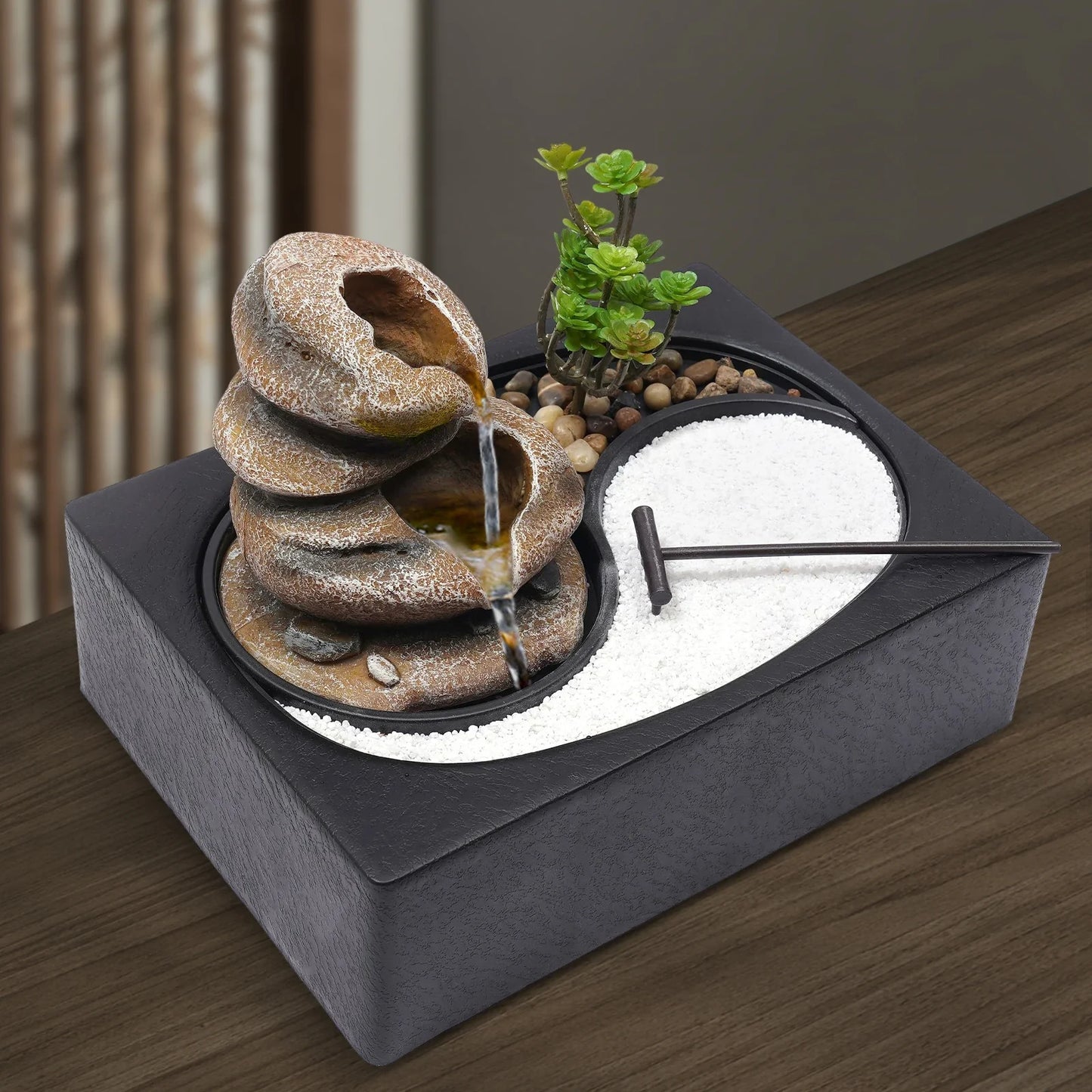 Bymaocar Tabletop Rock Water Fountain With LED Light Desk Decor