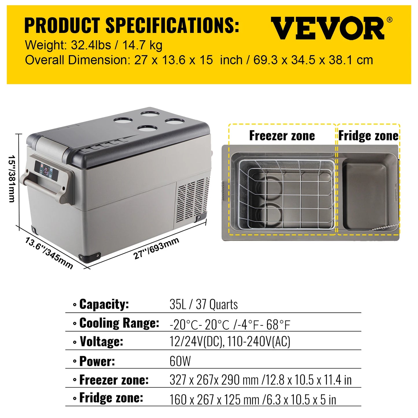 VEVOR Car Refrigerator Portable Compressor Cooler Mini Fridge