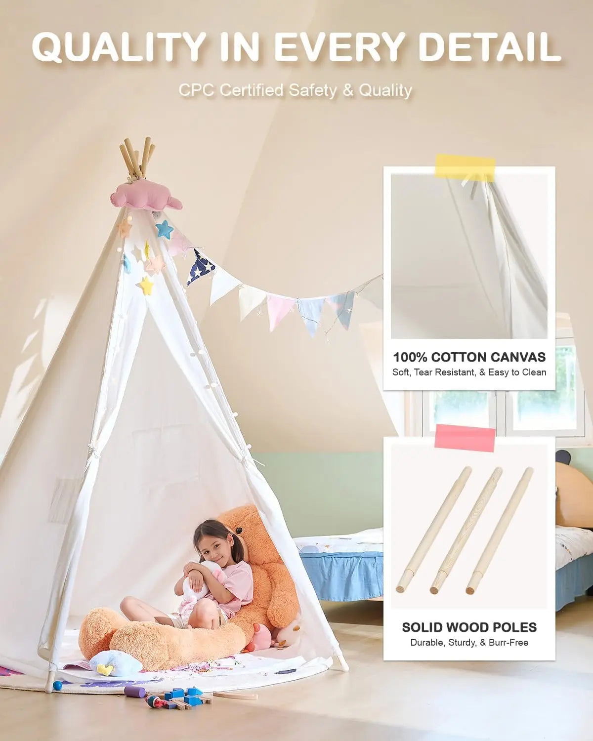 Kids Teepee Play Tent Indoor Canvas With Storage Bag