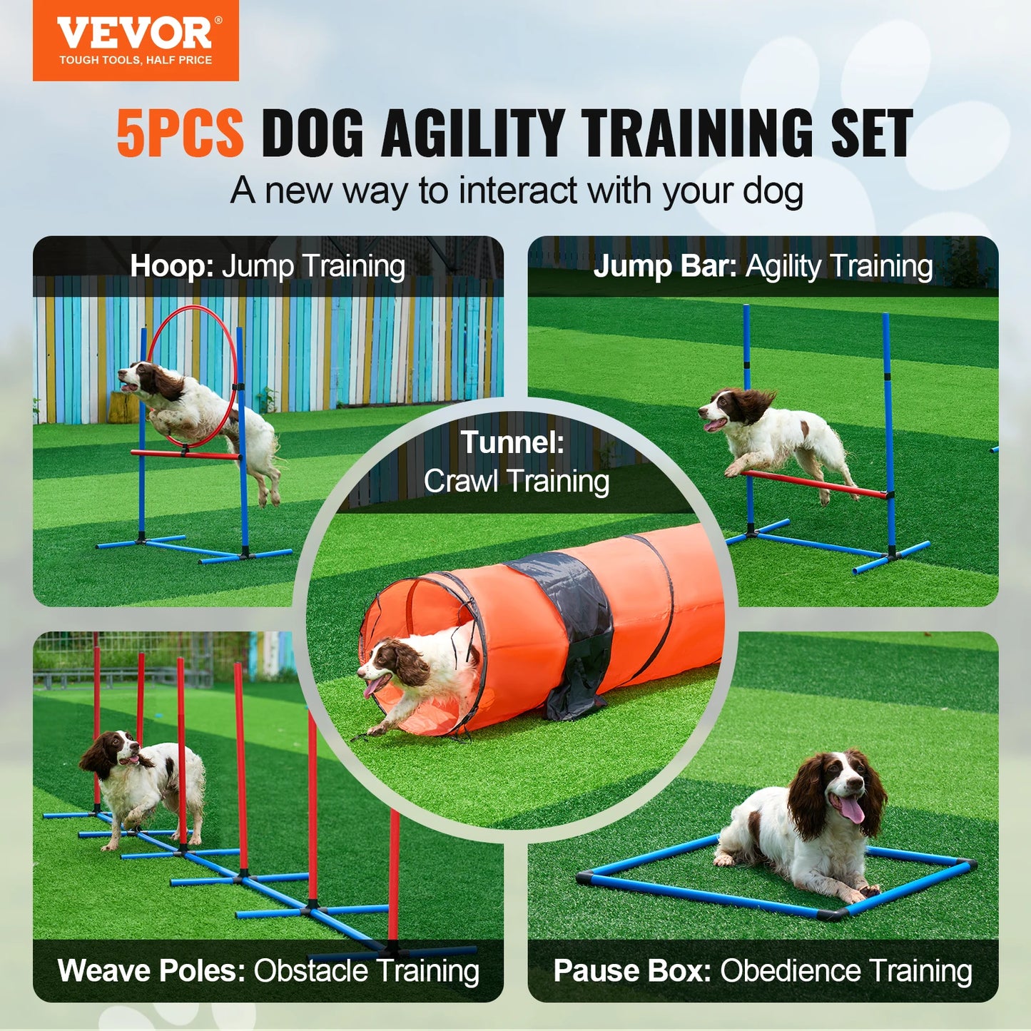 Dog Agility Training Equipment 5-Piece Set With Adjustable Hurdles Tunnel