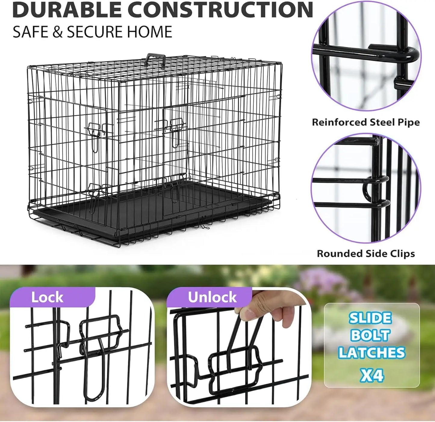 BestPet Dog Crate Foldable Metal Kennel With Double Doors And Leakproof Tray