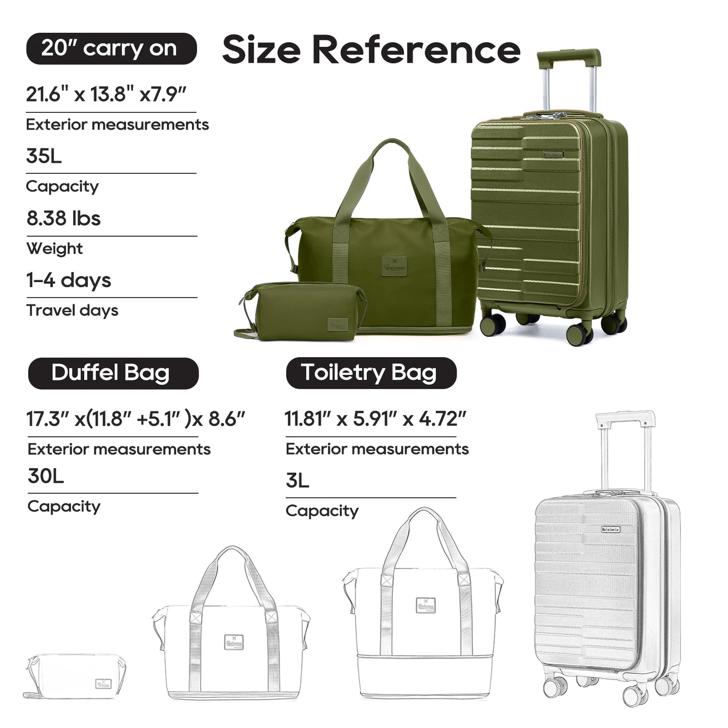 JoywayCN 3 Piece Luggage Set Front Opening Travel Suitcases Cup Holder TSA Lock