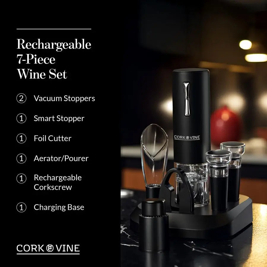 XMSJ 7Piece Electric Wine Opener Set With Aerator Stopper Foil Cutter Corkscrew