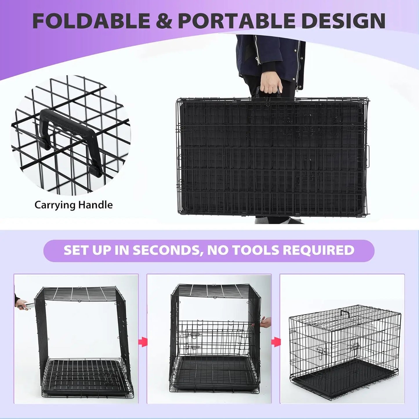 BestPet Dog Crate Foldable Metal Kennel With Double Doors And Leakproof Tray