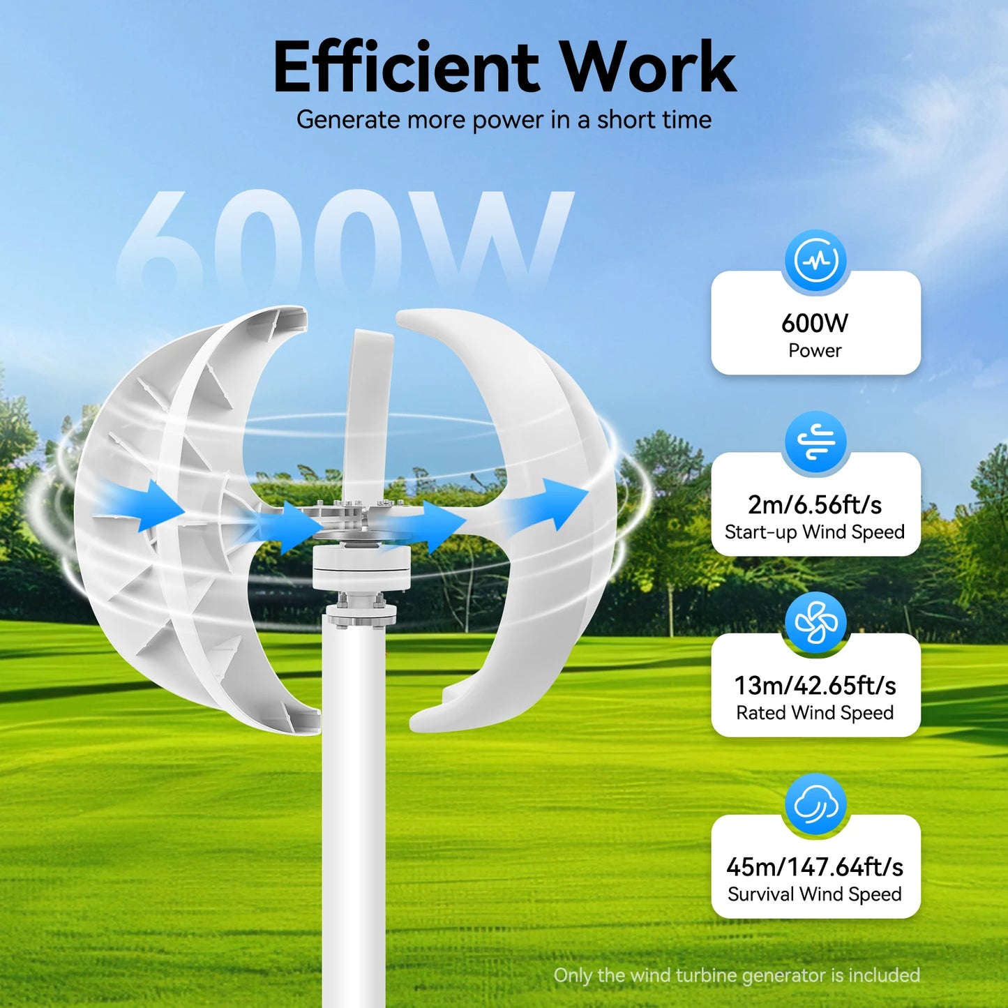 600W 12V/24V Lantern Wind Turbine Generator Electromagnetic Control IP67