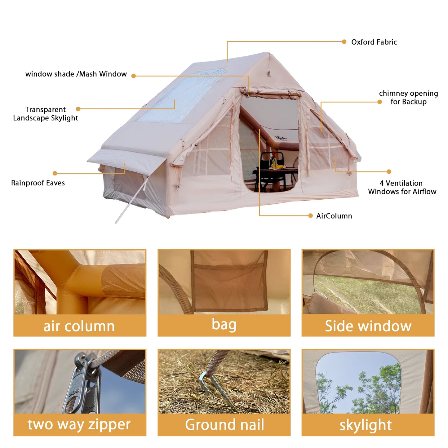 Pakicetus Inflatable Tent With Skylight Quick Setup For Four To Six People